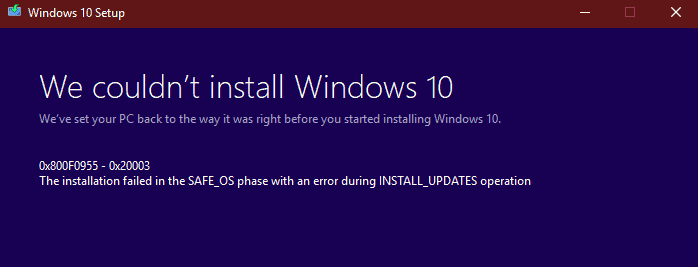 修复：Windows 10 版本 1809 安装错误 0x800F0955